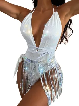 Womens Rave Wear One Piece Bodysuit Snakeskin Print Sexy Leg Rings Swimsuit for Festival Dance Rave Clothing