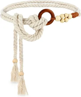 Women's Tassel Braided Waist Belt, Skinny Woven Belt for Dress Waist Belt Rope Chain with Woven Wooden Beads