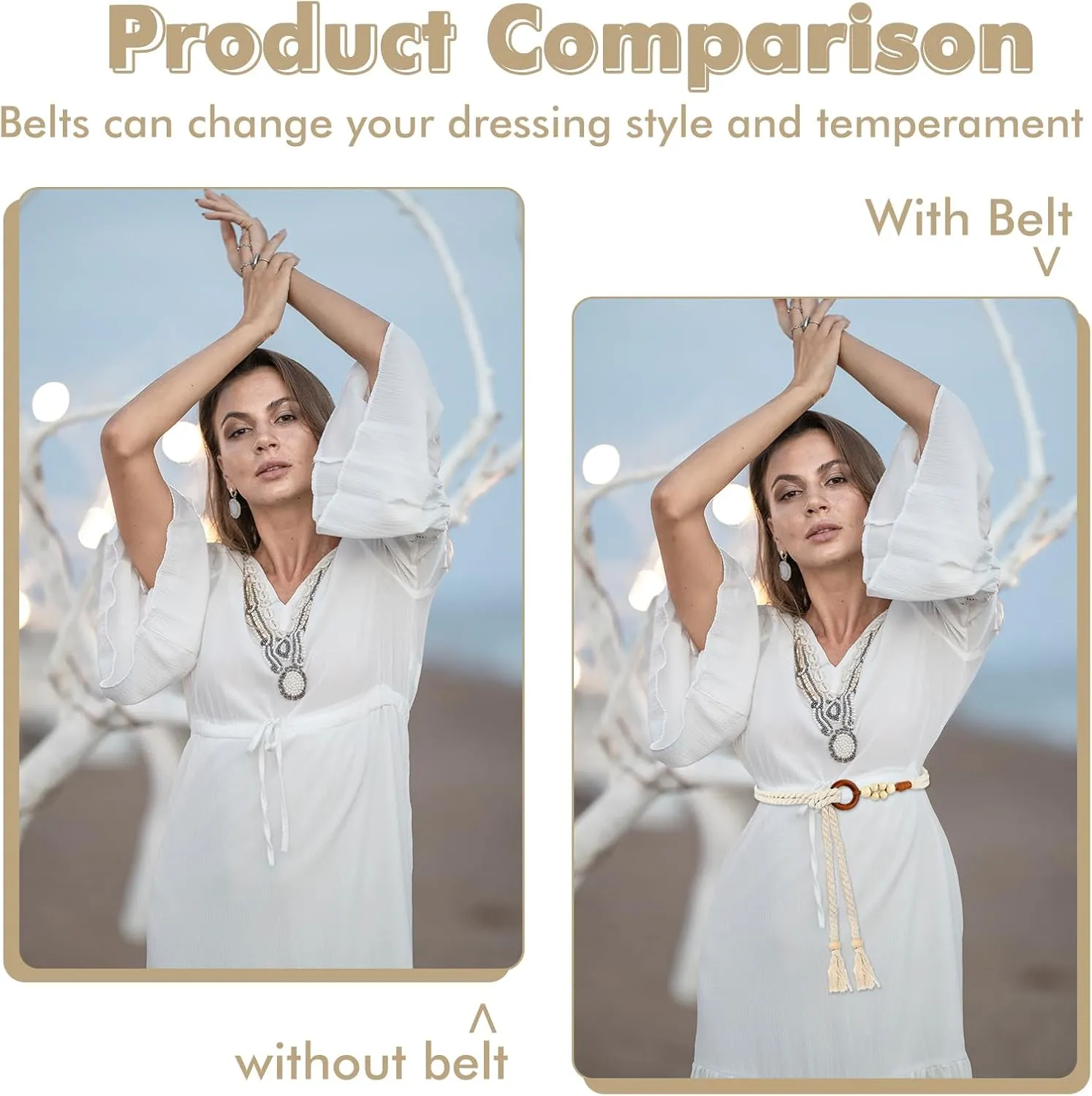 Women's Tassel Braided Waist Belt, Skinny Woven Belt for Dress Waist Belt Rope Chain with Woven Wooden Beads