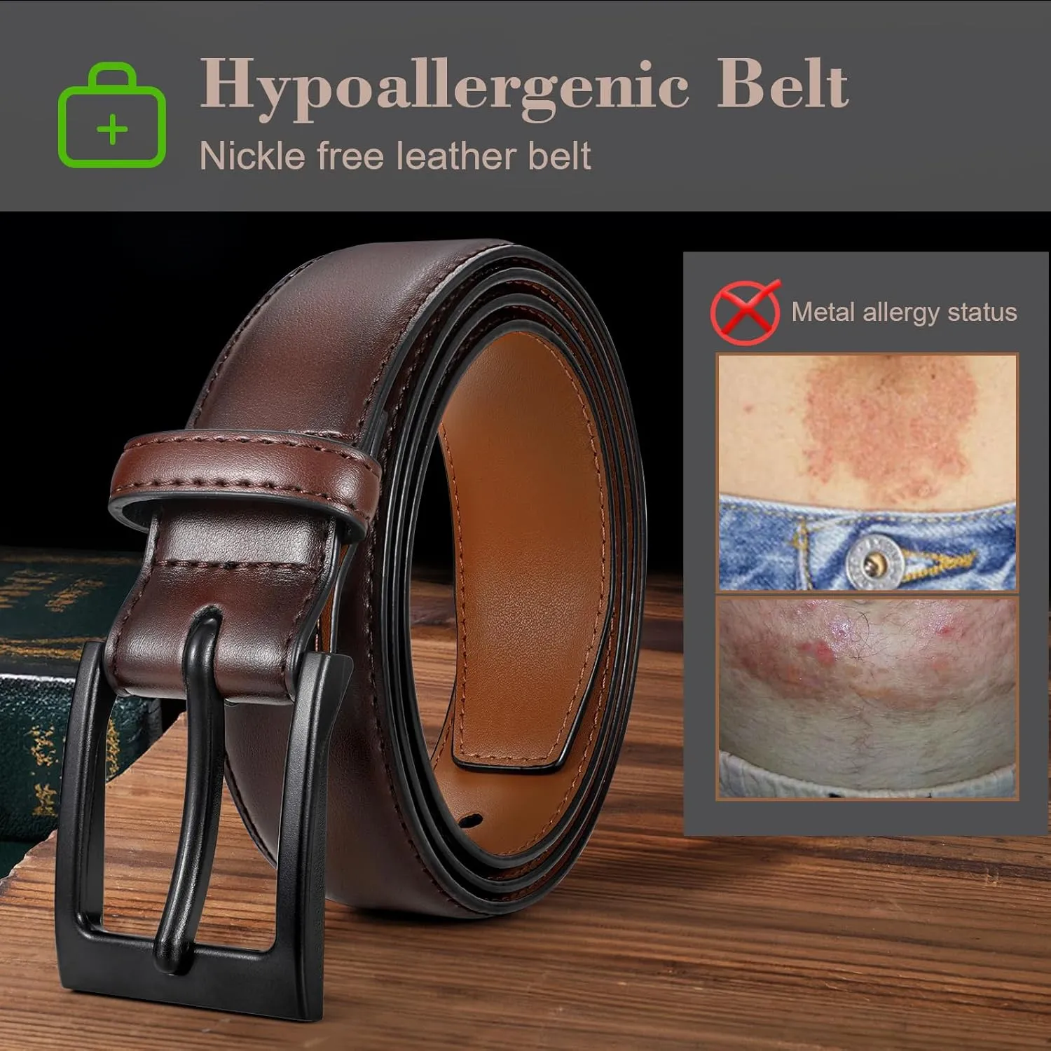 XZQTIV TSA Belt For Men Metal Free Dress Belts Hypoallergenic Leather Belt With Black Buckle Nickle Free