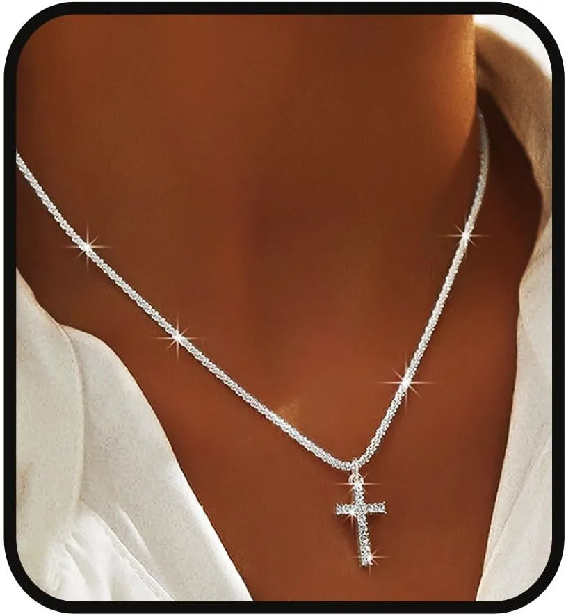 Yalice 925 Sterling Silver Sparkly Necklace Layered Dainty Chain Necklace Silver Cross Pendant Paperclip Necklaces Waterproof Minimalist Jewelry Gifts