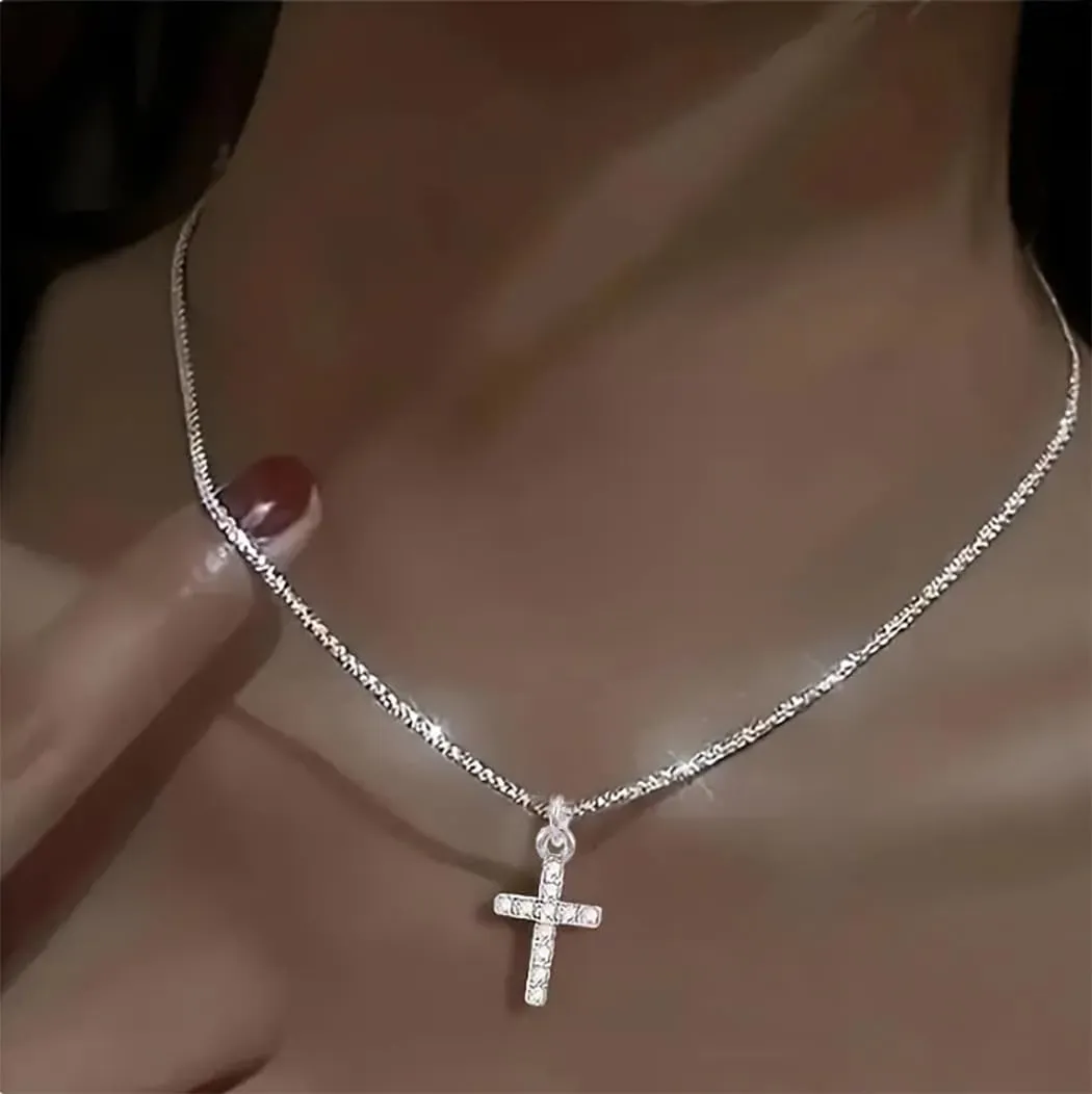 Yalice 925 Sterling Silver Sparkly Necklace Layered Dainty Chain Necklace Silver Cross Pendant Paperclip Necklaces Waterproof Minimalist Jewelry Gifts