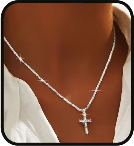Yalice 925 Sterling Silver Sparkly Necklace Layered Dainty Chain Necklace Silver Cross Pendant Paperclip Necklaces Waterproof Minimalist Jewelry Gifts