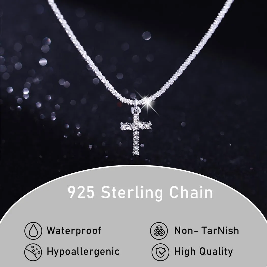 Yalice 925 Sterling Silver Sparkly Necklace Layered Dainty Chain Necklace Silver Cross Pendant Paperclip Necklaces Waterproof Minimalist Jewelry Gifts