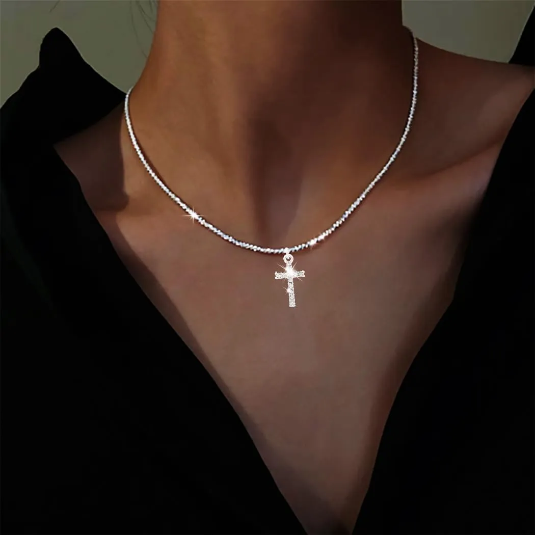 Yalice 925 Sterling Silver Sparkly Necklace Layered Dainty Chain Necklace Silver Cross Pendant Paperclip Necklaces Waterproof Minimalist Jewelry Gifts