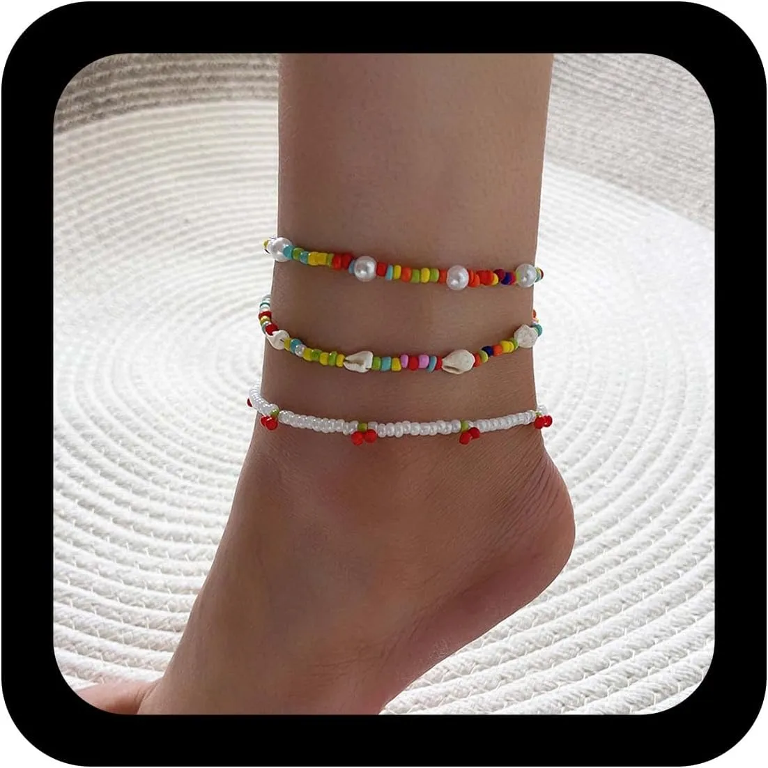 YienDoo Handmade Pearl Anklet Bracelet Boho Conch Cherry Rainbow Beads Anklet Ankle Chain Elastic Pearl Beach Foot Chain Multi-Layered Anklet 3Pcs Set Foot Jewelry Gift for Women