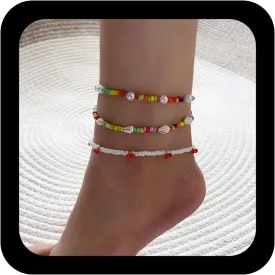 YienDoo Handmade Pearl Anklet Bracelet Boho Conch Cherry Rainbow Beads Anklet Ankle Chain Elastic Pearl Beach Foot Chain Multi-Layered Anklet 3Pcs Set Foot Jewelry Gift for Women